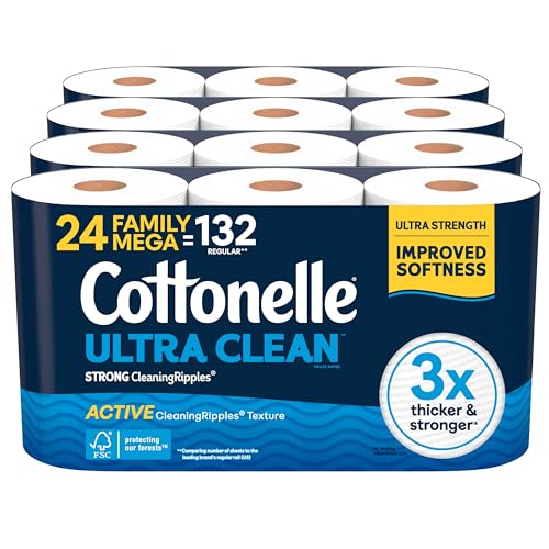 Cottonelle Ultra Clean Toilet Paper with Active CleaningRipples Texture, Strong Bath Tissue, 24 Family Mega Rolls = 132 Regular Rolls (4 Packs of 6)