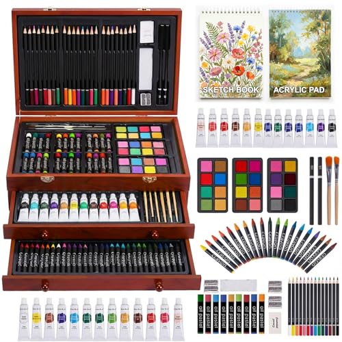 TMOL Art Supplies, 175-Pack Deluxe Art Set Drawing Painting Kit with 2 Drawing Pads, Acrylic Paints, Colored Pencils, Crayons, Art Kit in Wooden Case, Gift for Artist, Adults, Teens and Kids