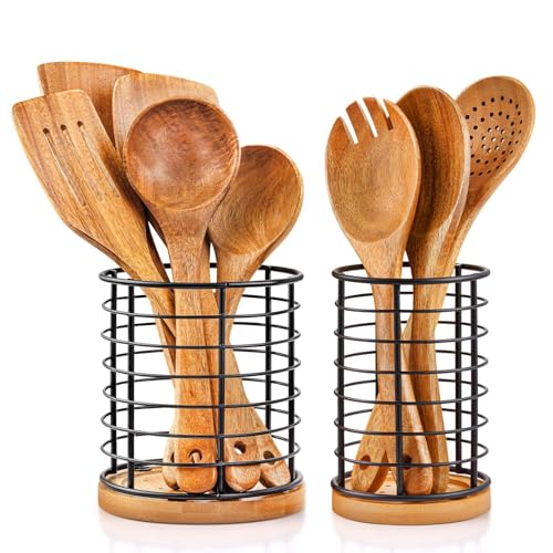 hunnycook 2-Piece Utensil Holders - 5.1*5.1*5.8 and 3.7*3.7*5.8 inches Kitchen Utensil Holders, Metal Black Crocks with Wooden Base, Easy to Drain