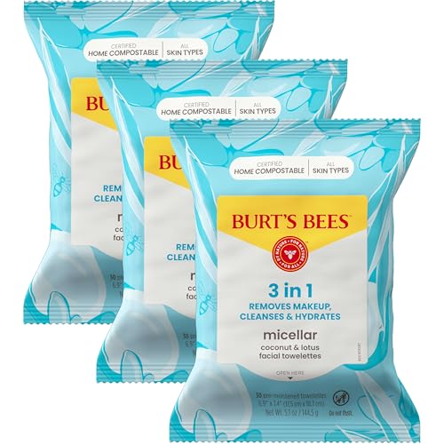 Face Wipes, Burt's Bees Facial Cleansing, Makeup Remover Towelettes, 3 in 1 Hydrating Micellar Cleanser with Coconut & Lotus Water, 90 Count (Packaging May Vary)