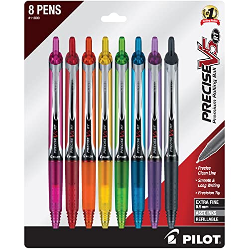 Pilot Precise V5 RT Refillable & Retractable Rolling Ball Pens, Extra Fine Point Pens, 0.5 mm, Vibrant, Pack of 8 - Ideal for School, Journaling & Office Writing
