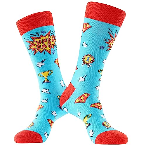 Super Dad Socks, Funny Dad Socks Gift for Father’s Day, Novelty Cotton Dress Socks for Men, Seamless Toe Breathable Crazy Socks for Dad Husband Grandpa, Size 8-12