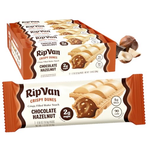 Rip Van Crispy Dunes Vegan Chocolate Hazelnut Wafer Sticks – Low-Calorie Keto Snack with Hazelnut Cream Filling, 90 Calories, Non-GMO, Prebiotic Fiber - 12 Pack