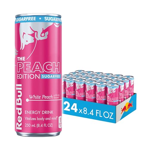 Red Bull Peach Edition Sugarfree Energy Drink, White Peach, 8.4 fl. oz., Case of 24 cans, with 80mg Caffeine, Taurine & B Vitamins