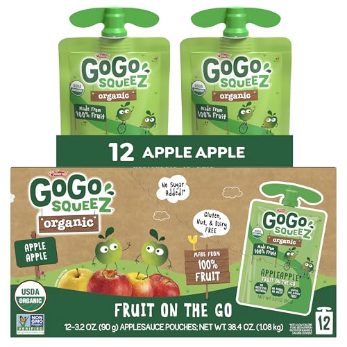 GoGo squeeZ Organic Applesauce and Fruit Puree, Apple Apple, 3.2 oz (Pack of 12), Unsweetened Organic Fruit Snacks for Kids, Gluten Free, Nut Free and Dairy Free, Recloseable Cap, BPA Free Pouches