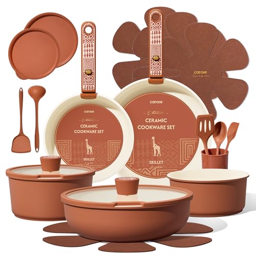 CAROTE 21-Piece Ceramic Cookware Set, Nonstick Pots and Pans Set with Detachable Handle, Non-Toxic Kitchen Cooking Set, Induction Compatible, Dishwasher & Oven Safe, Terracotta