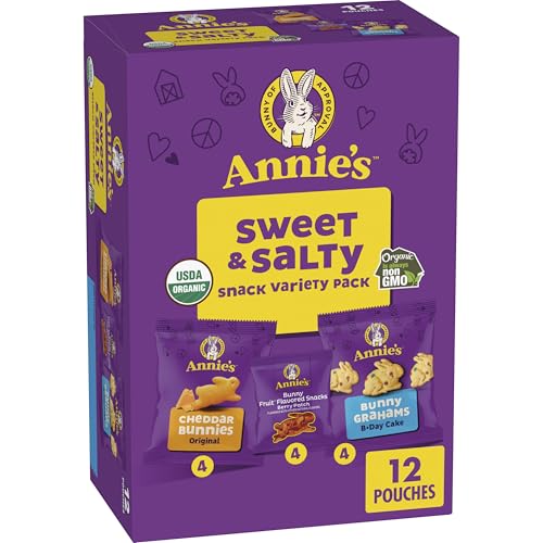 Annie's Sweet and Salty Snack Variety Pack, Cheddar Bunnies, Bunny Grahams and Bunny Fruit Flavored Snacks, Organic Kids Snacks, 12 Pouches, 10.8 oz