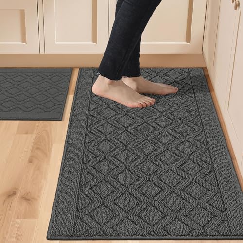 COSY HOMEER 48x20 Inch/30X20 Inch Kitchen Rug Mats Made of 100% Polypropylene 2 Pieces Soft Kitchen Mat Specialized in Anti Slippery and Machine Washable (Grey)