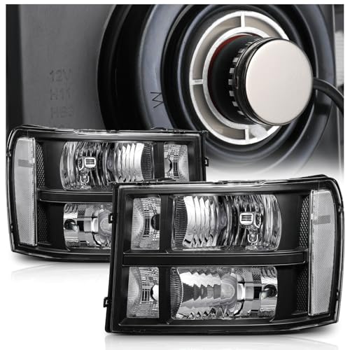 M-AUTO Black Factory Style Headlights Headlamps Assembly w/ 4 Pre-assembled 6000K LED Bulbs Compatible with 07-13 GMC Sierra 1500, 07-14 Sierra 2500 3500