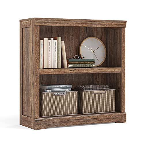 LINSY HOME 2-Tier Bookcase and Bookshelf, Small Wood Display Storage Shelves Farmhouse Bookshelf for Home Office, Living Room, Bed Room - Dark Brown