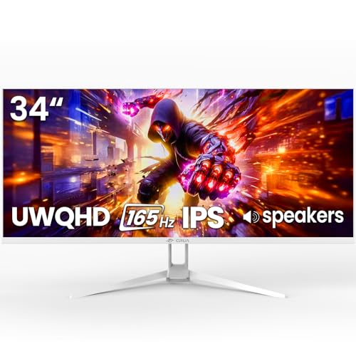 CRUA 34'' White Gaming Monitor, 165HZ/144HZ, WQHD(3440x1440P) IPS UltraWide Screen Computer Monitors with Built-in Speakers, Supports FreeSync, 120% sRGB, HDMI 2.0 & DP 1.4, Wall Mountable Installs