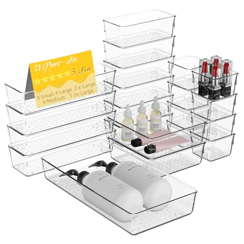Maxset 21 PCS Clear Plastic Drawer Organizer Set with 15 Inch Extra Long Bins, 5 Sizes Acrylic Makeup Organizer and Storage Trays, Non Slip Dividers for Vanity, Kitchen and Office