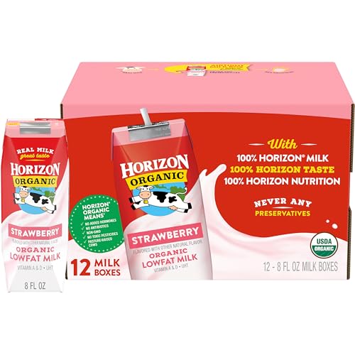 Horizon Organic Shelf Stable 1% Lowfat Strawberry Milk Boxes, Pack of 12 - 8g Protein per Serving