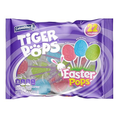 Colombina Tiger Easter Pops, Cherry, Blue Raspberry, and Watermelon Flavored, Individually Wrapped, Ideal for Easter Baskets or Eggfillers, 7oz (Pack of 1)