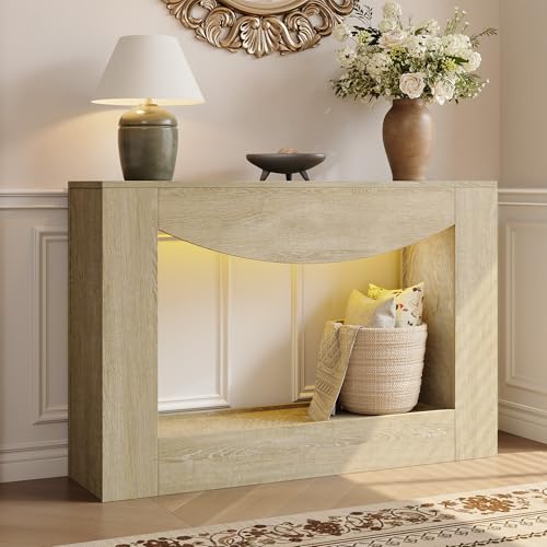 knoworld Farmhouse Console Table, 47 Inches Entryway Console Table with LED Light, Sofa Table Behind Couch, Wooden Accent Entryway Table for Living Room, Hallway