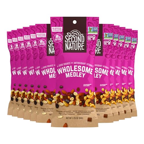 Second Nature Wholesome Medley Trail Mix - 12 Count, 2.25 oz Individual Snack Packs, Certified Gluten-Free – Dark Chocolate, Dried Fruit and Nut Trail Mix, Ideal for Travel Snacks