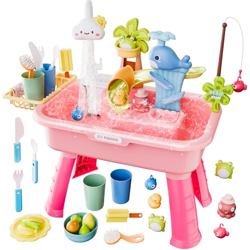 Cosminy 2026 Upgraded Water Table for Toddlers 1-3, Kids Play Sink with Running Water, Toddler Kitchen Sink Toy with Pump, Fishing Game & Sensory Water Play Toys for Boys Girls (Pink)