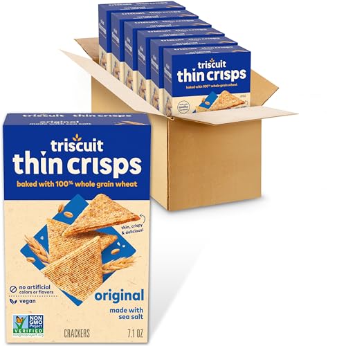 Triscuit Thin Crisps Original Whole Grain Wheat Crackers, Vegan Snacks, Bulk Snack Crackers, 6 - 7.1 oz Boxes