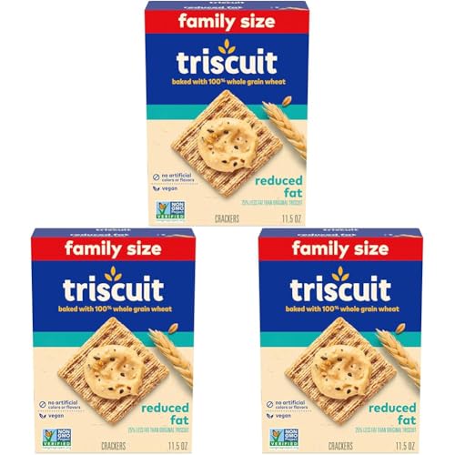 Triscuit Reduced Fat Whole Grain Wheat Crackers, Vegan Crackers, Vegan Snacks, Lunch Snacks, Family Size, 11.5 oz (Pack of 3)