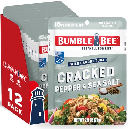 Bumble Bee Cracked Pepper & Sea Salt Seasoned Tuna Pouch - Wild Caught and Ready to Eat for Snack, Salad, Korean Tuna Bowl - 15g Protein per Serving - 2.5 oz Packet (Pack of 12)