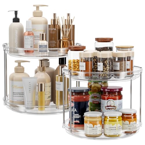 LAMU 2 Pack 2 Tier Lazy Susan Turntable Organizer 9.25'' Rotating Spice Rack Organization for Cabinet, Kitchen, Pantry, Countertop, Bathroom, Vanity, Medicine Cabinet Organizer, Clear
