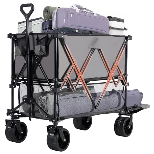 DUMOS 440LBS Heavy Duty Double Decker Wagon Cart with Extender, 400L Large Capacity Collapsible Folding Wagons with Brakes, Adjust Handle, All-Terrain Big Wheels for Garden Shopping Camping, Grey