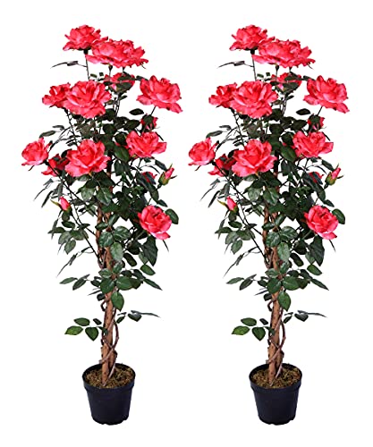 AMERIQUE Pair Gorgeous & Unique 4 Feet Red Roses with Leaves Artificial Tree Silk Plant, Pre-Potted with Nursery Pot, Feel Real Tech.