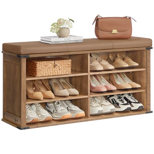 VASAGLE Shoe Storage Bench with Removable Cushion, Shoe Rack with Padded Seat, Entryway Bench with 6 Open Compartmens, Adjustable Shelves, for Hallway, Bedroom, Honey Brown ULSB105K01