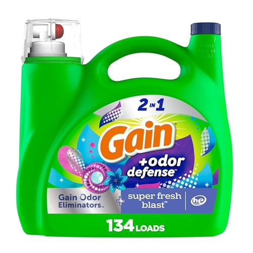Gain Odor Defense Liquid Laundry Detergent, Super Fresh Blast Scent, 194 fl oz, 134 loads, 2 in 1, Laundry Detergent Liquid Soap, HE compatible