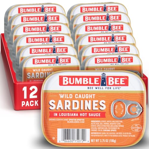 Bumble Bee Sardines in Louisiana Hot Sauce, 3.75 oz Tin (Pack of 12) - Wild Caught, Gluten Free, Keto, Kosher