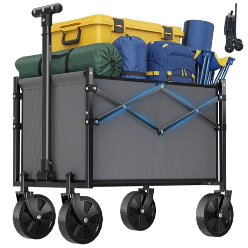 OLIXIS Collapsible Wagon Cart with Wheels 220 lbs Capacity, Heavy Duty Mini Foldable Portable Wagon with Adjustable Handle, Small Foldable Cart for Camping, Garden, Sports, Beach, Shopping - Grey