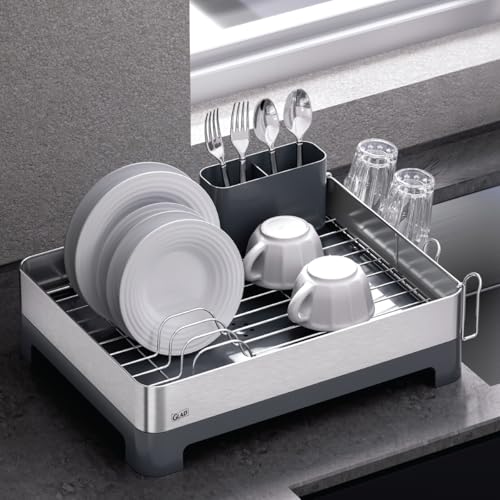 Glad Stainless Steel Dish Drying Rack - Large Space Saving Dish Drainer with Removable Cutlery Holder - Rust-Resistant Metal Rack with Adjustable Drain Spout for Kitchen Countertops, (12.6”W x 17.7”L)