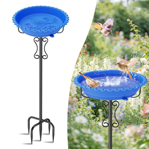 Ouinis Freestanding Bird Bath for Outside, Outdoor Birdbath & Birdfeeder with Removable Plastic Bowl, Multi-Functional Garden Bird Feeder for Patio Yard Lawn Decor (Blue)