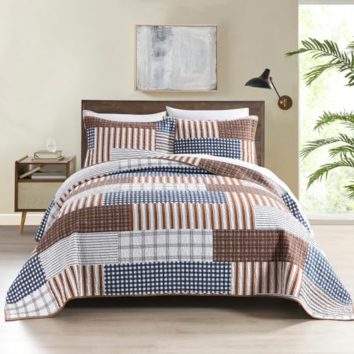 WINLIFE Cotton Plaid Quilt Set 3 Pieces Queen Size Patchwork Stripes Bedspread with 2 Shams, Lightweight Reversible Bedding Coverlet, 90''x98''