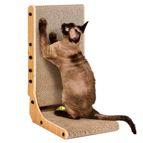 EHEYCIGA Cardboard Cat Scratcher for Indoor Kitten Cats, 19 Inch L Shaped Vertical Cat Scratching Board with Ball Cat Toy, Small Cat Scratcher Pad, Brown
