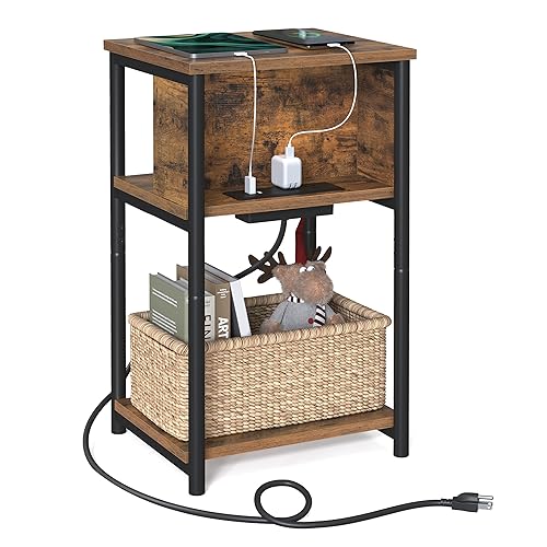 VASAGLE Side Table with Charging Station, 3-Tier End Table with USB Ports and Outlets, Nightstand for Living Room, Bedroom, 11.8 x 13.4 x 22.8 Inches, Plug-in Series, Rustic Brown and Black