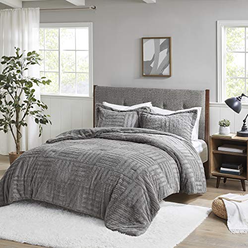 Madison Park Arctic Comforter Set Faux Fur Checkboard Textured Design - Down Alternative Ultra Soft, Winter Cozy and Warm Bedding, King/Cal King, Grey