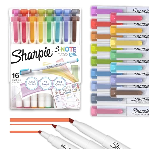 Sharpie S-Note Duo Dual-Tip Creative Highlighters, Assorted Mild Colors, No Bleed, Fine and Chisel Tips, Includes Stand-Up Easel, 16 Count
