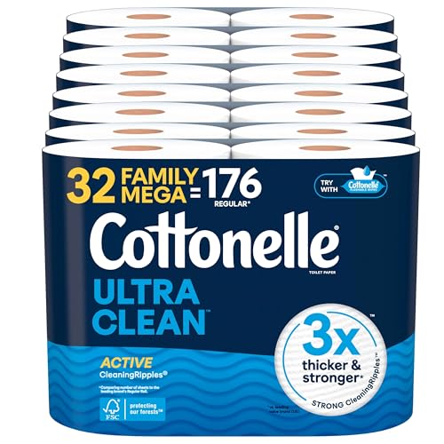 Cottonelle Ultra Clean Toilet Paper with Active CleaningRipples Texture, 1-Ply Strong Bath Tissue, 32 Family Mega Rolls = 176 Regular (8 Packs of 4), White