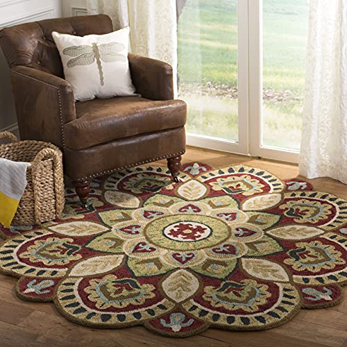 SAFAVIEH Novelty Collection Area Rug - 3' Round, Red & Taupe, Handmade Boho Floral Rustic Country Wool, Ideal for High Traffic Areas in Living Room, Bedroom (NOV604Q)