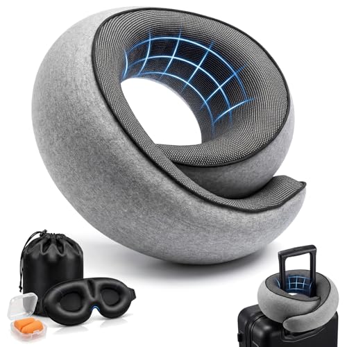 chufa Memory Foam Neck Travel Pillow – 360° Adjustable Support, Breathable Washable Cover, Eye Mask & Earplugs, Carry Bag – Compact Airplane Pillow for Plane/Car/Train/Office (Grey) (Grey)