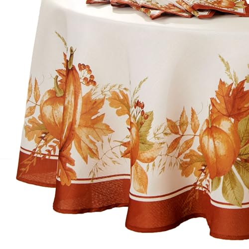 Elrene Home Fashions Autumn Pumpkin Grove Wrinkle Resistant Tablecloth, 70" Round, Multi Color