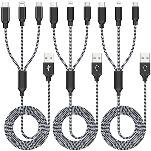 Xnewcable Multi Charging Cable 4ft 3Pack 3 in 1 Charger Cord, Multiple Rapid Nylon Braided Cable USB Charging Cable Multi Phone Charger Cord with Type C Micro Lightning USB Connectors for Cell Phones