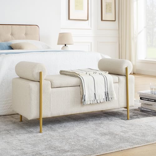 Ball & Cast Mordern Storage Ottoman with Golden Legs, Upholstered End of Bed Bench with Arms for Entryway Living Room Bedroom,Beige