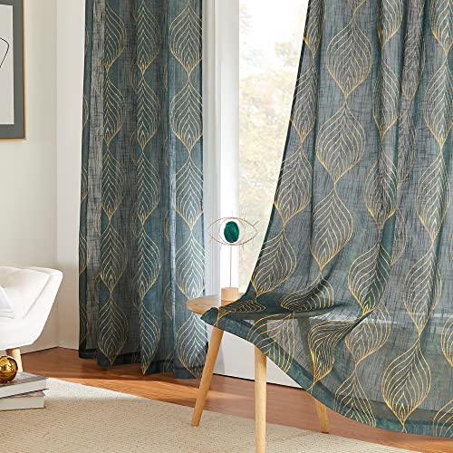 KGORGE Sheer Curtains 63 inch Length - Linen Textured Curtains for Bedroom Geometry Leaves Pattern Backdraps Washable Window Treatment for Bedroom Living Room French Door, Set of 2, Sage