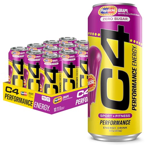 C4 Performance Energy Drink, Grape Popsicle, Zero Sugar Carbonated Preworkout Energy, 200mg Caffeine with Beta Alanine, 16 Fl Oz (12 Pack)