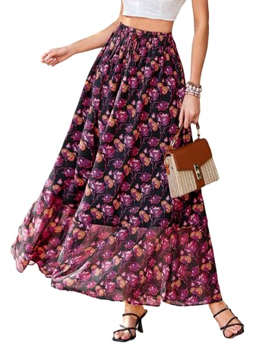 PRETTYGARDEN 2026 Summer Maxi Long Skirts for Women Trendy Boho Floral High Waisted Slit Flowy Travel Beach Vacation Clothes (Floral Black Rose Red,Medium)