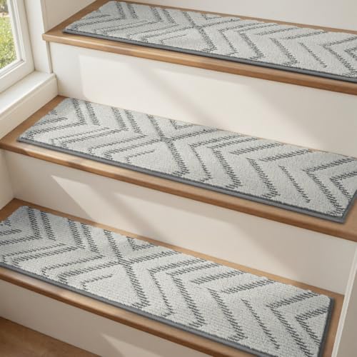 PADOOR Stair Treads Non Slip 15 PCS, 3D Peel and Stick Stair Treads for Wooden Steps Indoor, Residue-Free Adhesive Stair Runner for Kids, Elders & Pets, Washable Carpet for Stairs,8"x30",Grey