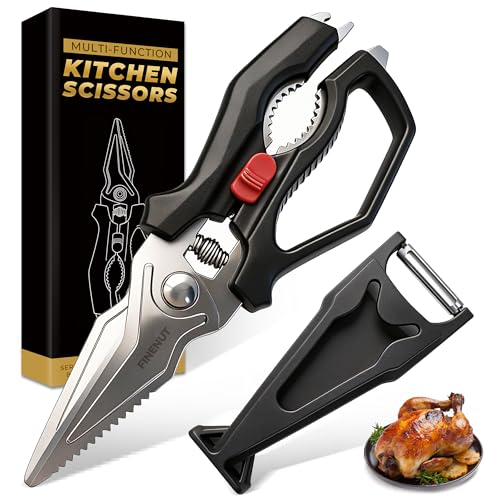 FINENUT Heavy Duty Kitchen Scissors with Peeler Sheath - Spring Loaded Poultry Shears for Chicken, Meat & Fish - Multipurpose Food Scissors with Safety Lock & Non-Slip Handle, Dishwasher Safe