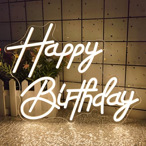 Happy Birthday Neon Sign for Wall Decor, LED Happy Birthday Light Up Sign, Dimmable LED Birthday Neon Light for Birthday Party Decorations Backdrop, Warm White